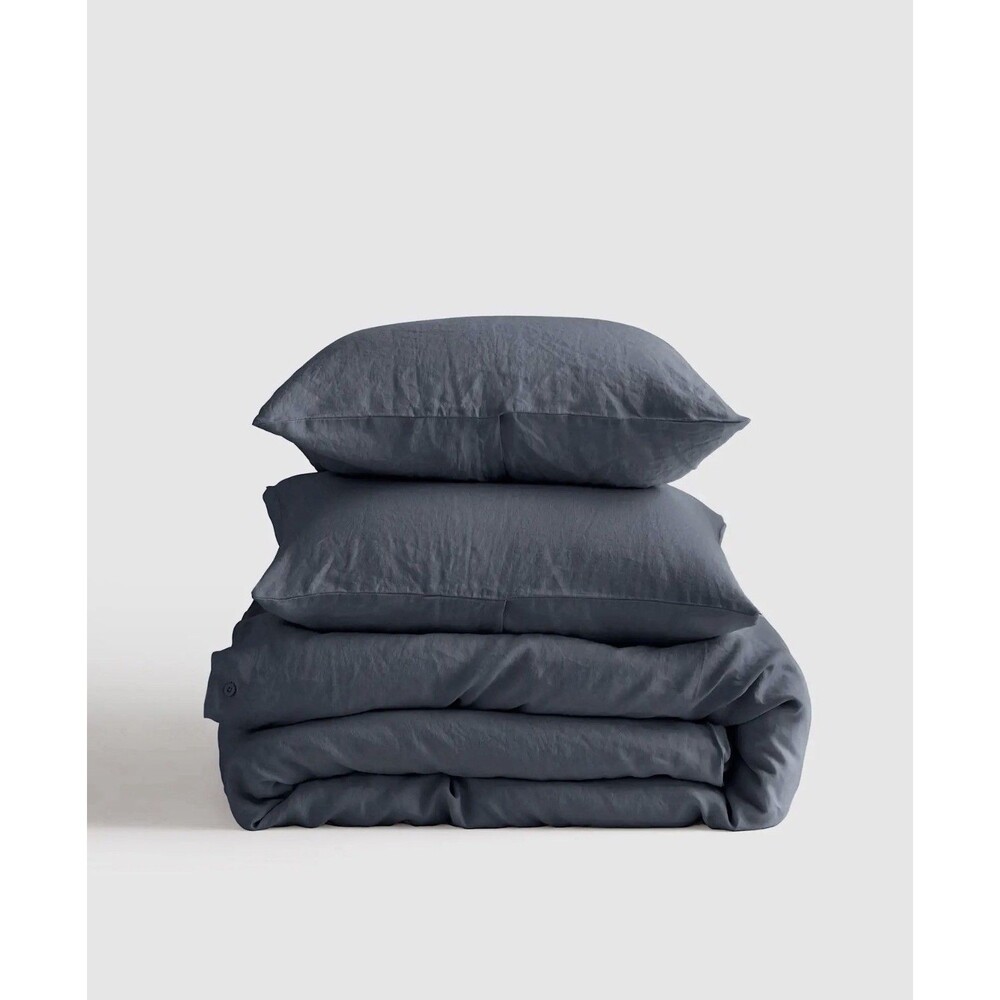 Quince European Linen Duvet Cover Set w/ Shams Full/Queen Night Fall Blue $194